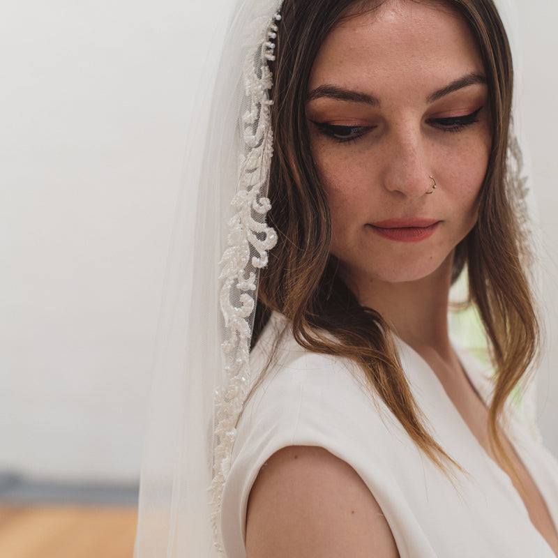SOPHIA | Soft single tier veil with narrow beaded lace edge