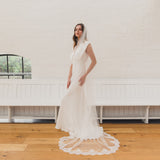 LORAINE | Soft single tier veil with partial Chantilly lace edge