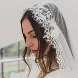 CLAIRABELLE | Dotted lace edged Juliet cap veil with floral motifs