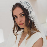 CLAIRABELLE | Dotted lace edged Juliet cap veil with floral motifs