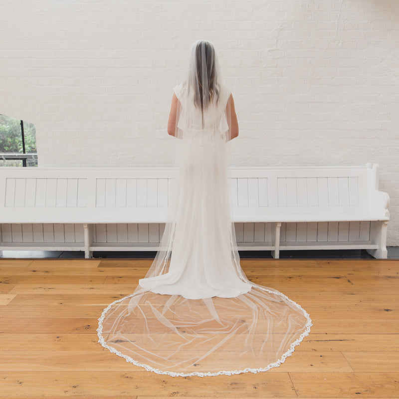 SOPHIA | Soft single tier veil with narrow beaded lace edge