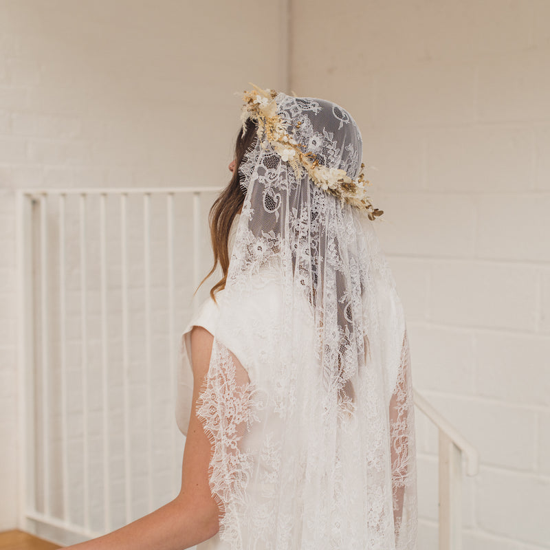 REBECCA | Boho Chantilly lace mantilla veil with eyelash edge