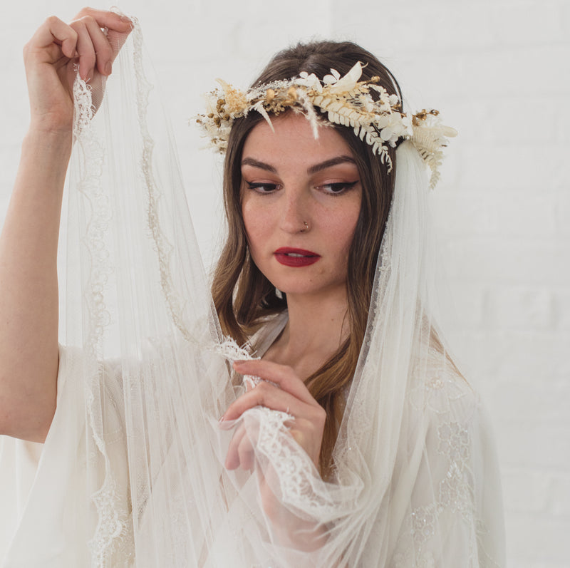 HAZEL | Soft draped veil with narrow beaded lace edge – Blossom u0026 Bluebird