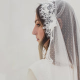 CLAIRABELLE | Dotted lace edged Juliet cap veil with floral motifs